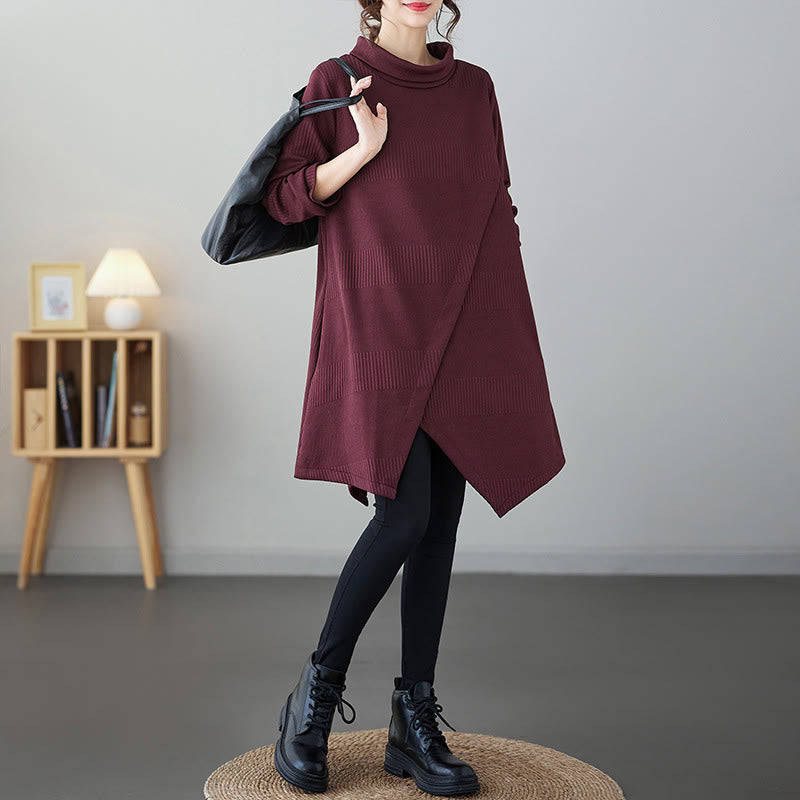 Buddha Stones Winter Irregular Hem Design Mock Neck Cotton Long Sleeve Midi Dress With Pockets
