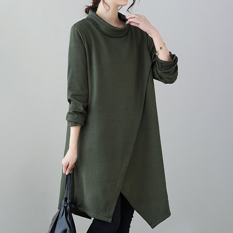 Buddha Stones Winter Irregular Hem Design Mock Neck Cotton Long Sleeve Midi Dress With Pockets