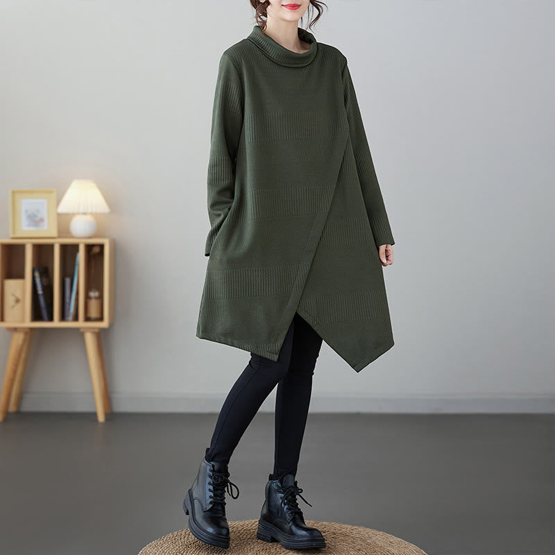 Buddha Stones Winter Irregular Hem Design Mock Neck Cotton Long Sleeve Midi Dress With Pockets