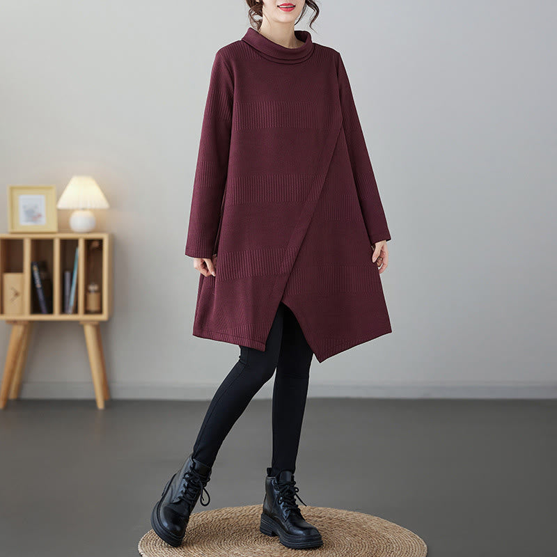 Buddha Stones Winter Irregular Hem Design Mock Neck Cotton Long Sleeve Midi Dress With Pockets