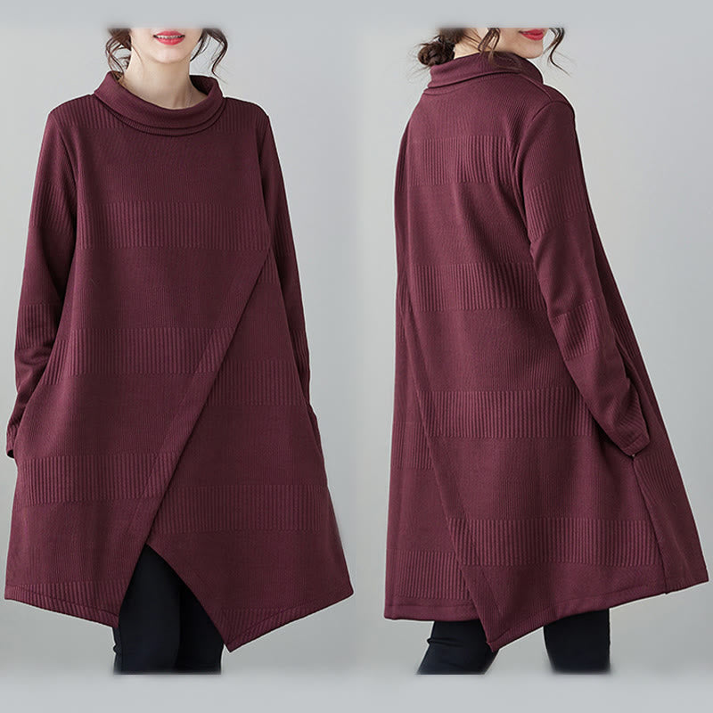 Buddha Stones Winter Irregular Hem Design Mock Neck Cotton Long Sleeve Midi Dress With Pockets