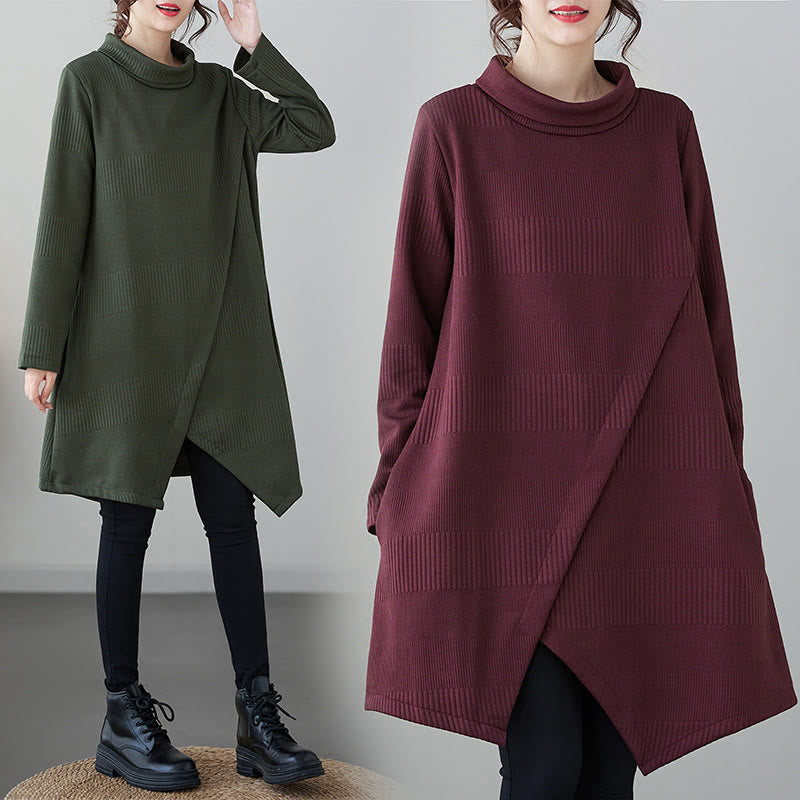 Buddha Stones Winter Irregular Hem Design Mock Neck Cotton Long Sleeve Midi Dress With Pockets
