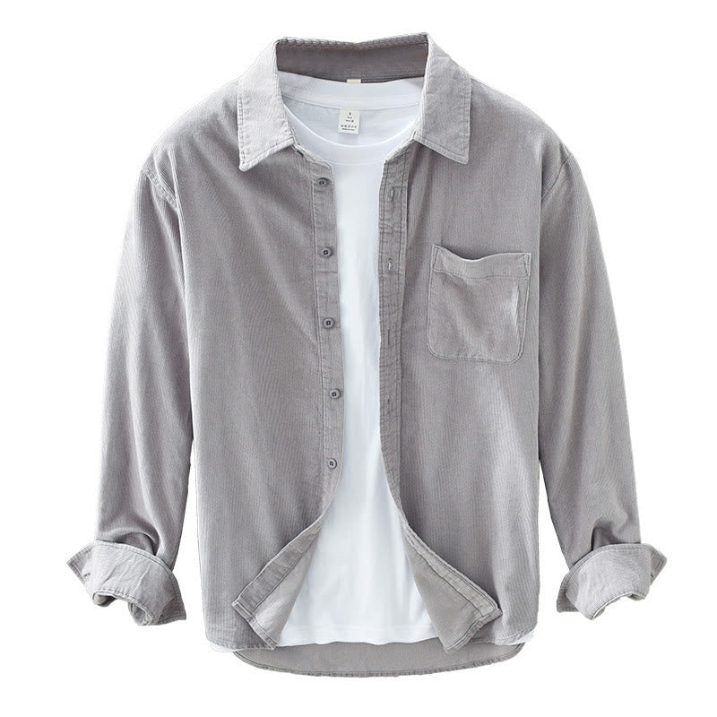 Buddha Stones Daily Plain Buttons Design Long Sleeve Men's Corduroy Pure Cotton Jacket With Pocket