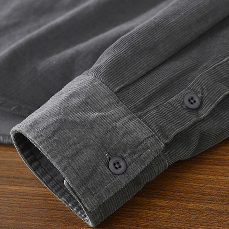 Buddha Stones Daily Plain Buttons Design Long Sleeve Men's Corduroy Pure Cotton Jacket With Pocket