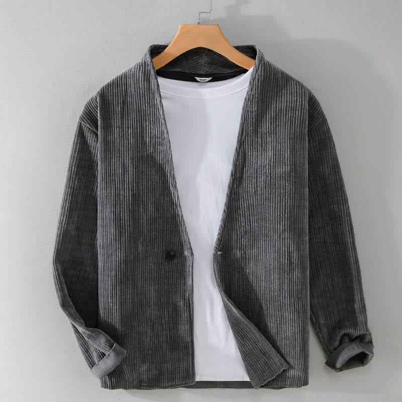 Buddha Stones Commute V-neck Simple Ribbed Texture Design Long Sleeve Men's Jacket