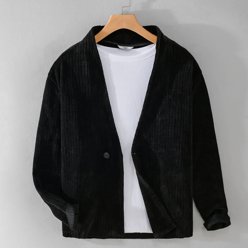 Buddha Stones Commute V-neck Simple Ribbed Texture Design Long Sleeve Men's Jacket