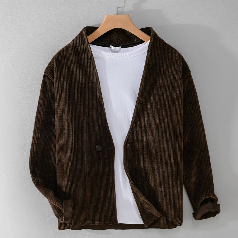 Buddha Stones Commute V-neck Simple Ribbed Texture Design Long Sleeve Men's Jacket
