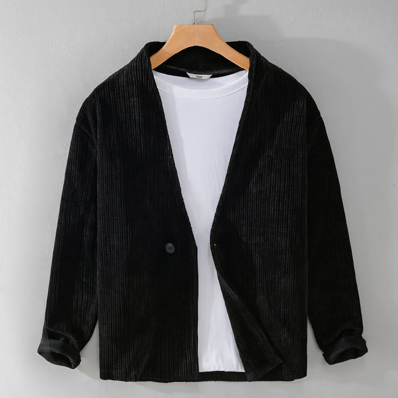 Buddha Stones Commute V-neck Simple Ribbed Texture Design Long Sleeve Men's Jacket