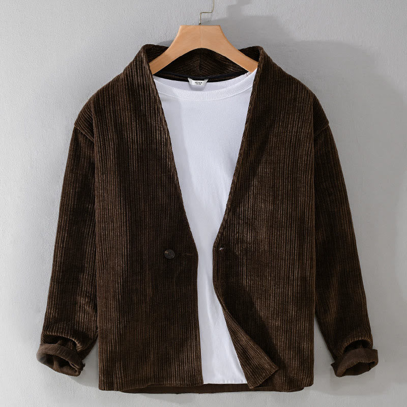 Buddha Stones Commute V-neck Simple Ribbed Texture Design Long Sleeve Men's Jacket