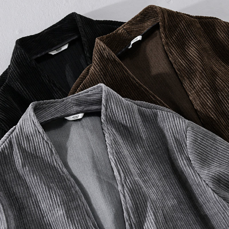 Buddha Stones Commute V-neck Simple Ribbed Texture Design Long Sleeve Men's Jacket