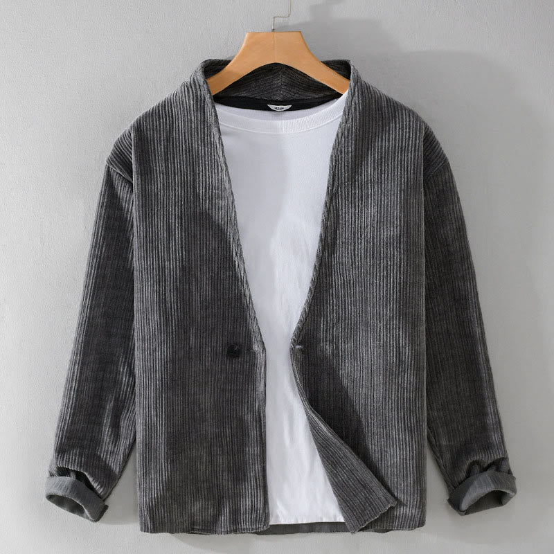 Buddha Stones Commute V-neck Simple Ribbed Texture Design Long Sleeve Men's Jacket