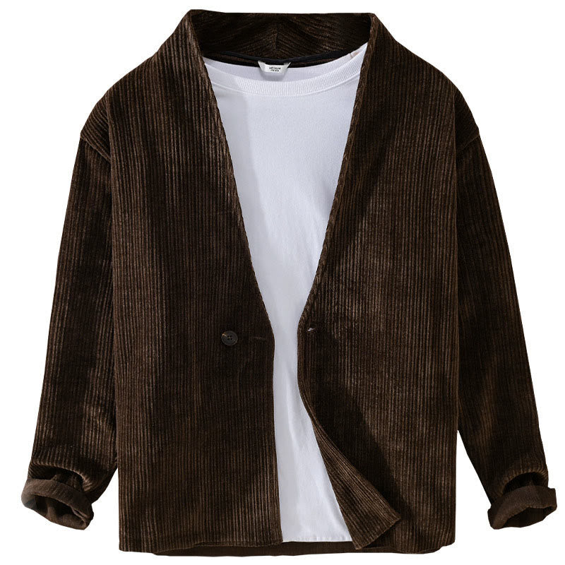 Buddha Stones Commute V-neck Simple Ribbed Texture Design Long Sleeve Men's Jacket