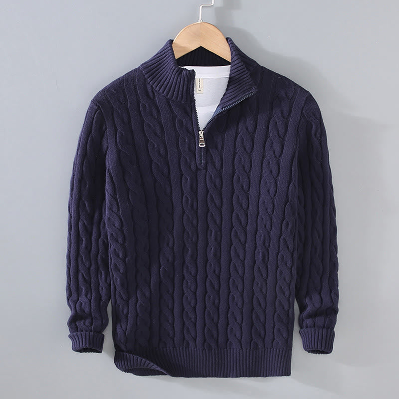 Buddha Stones Winter Textured High Neck Zipper Design Men's Long Sleeve Cotton Sweater