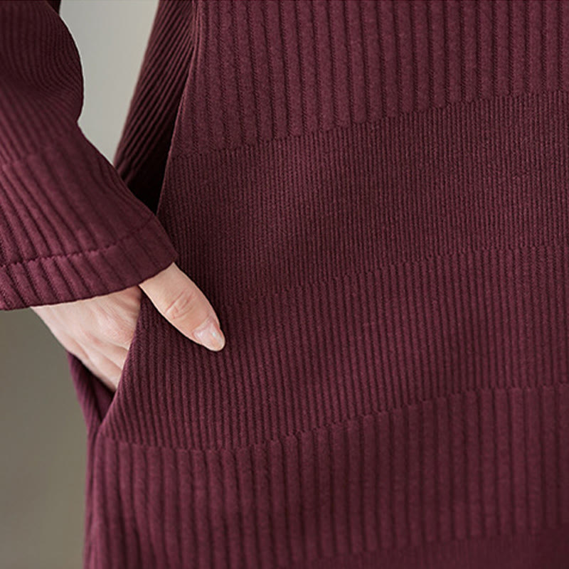 Buddha Stones Winter Irregular Hem Design Mock Neck Cotton Long Sleeve Midi Dress With Pockets