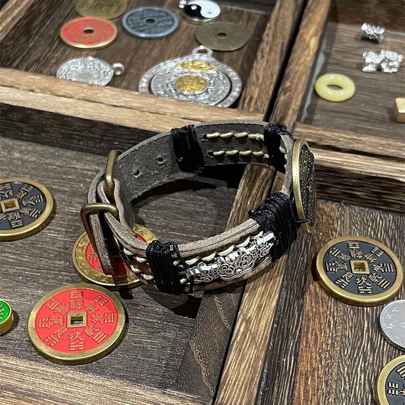 Buddha Stones Pixiu Mountain Ghosts Spend Money Luck Leather Watch Band Bracelet