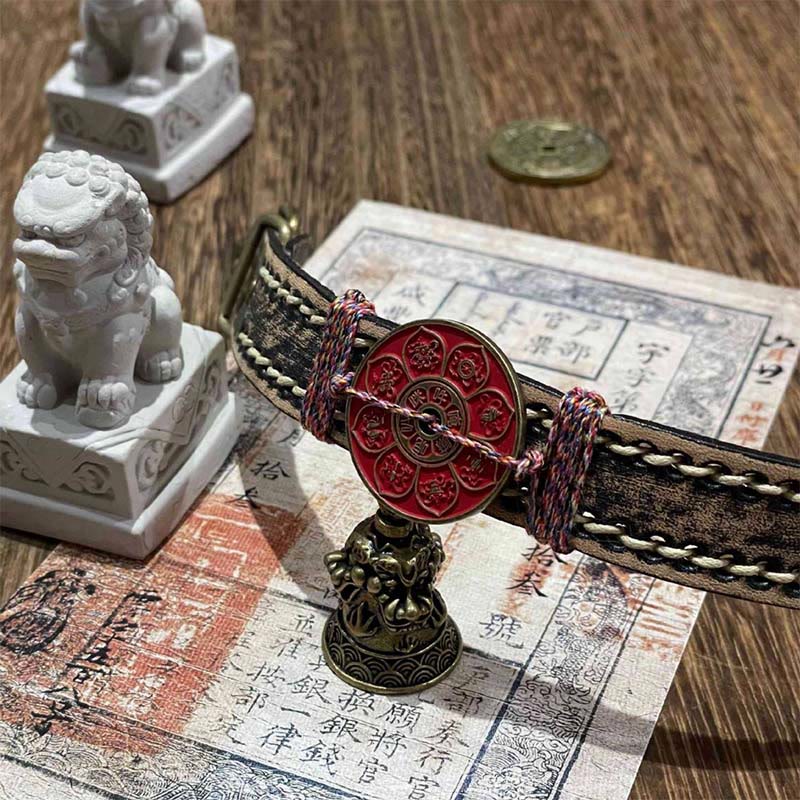 Buddha Stones Cinnabar Lotus Om Mani Padme Hum Blessing Leather Watch Band Bracelet