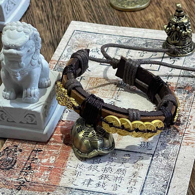 Buddha Stones Five-emperor Coins Pi Xiu Wealth Leather Rope Bracelet