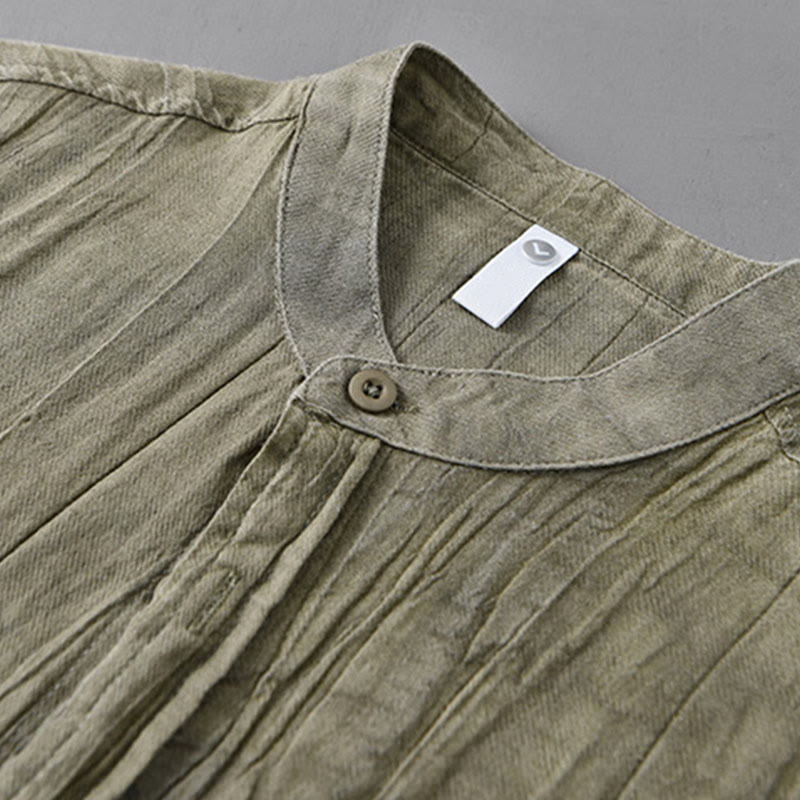 Buddha Stones Solid Long Sleeve Creases Design Buttons Down Ramie Linen Men's Shirts