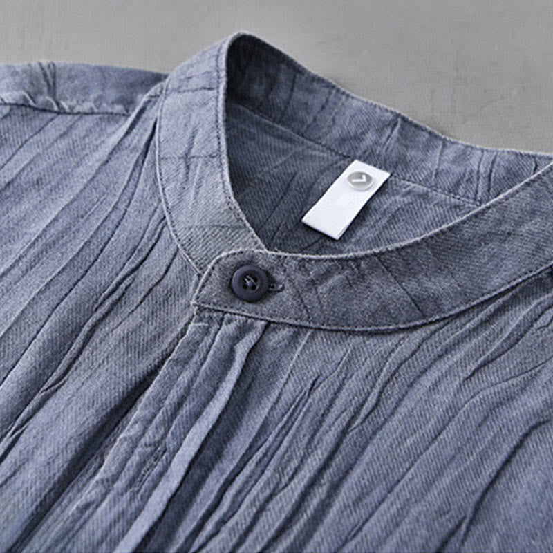 Buddha Stones Solid Long Sleeve Creases Design Buttons Down Ramie Linen Men's Shirts