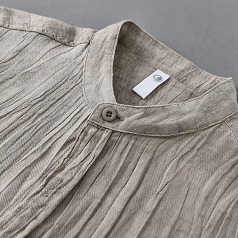 Buddha Stones Solid Long Sleeve Creases Design Buttons Down Ramie Linen Men's Shirts