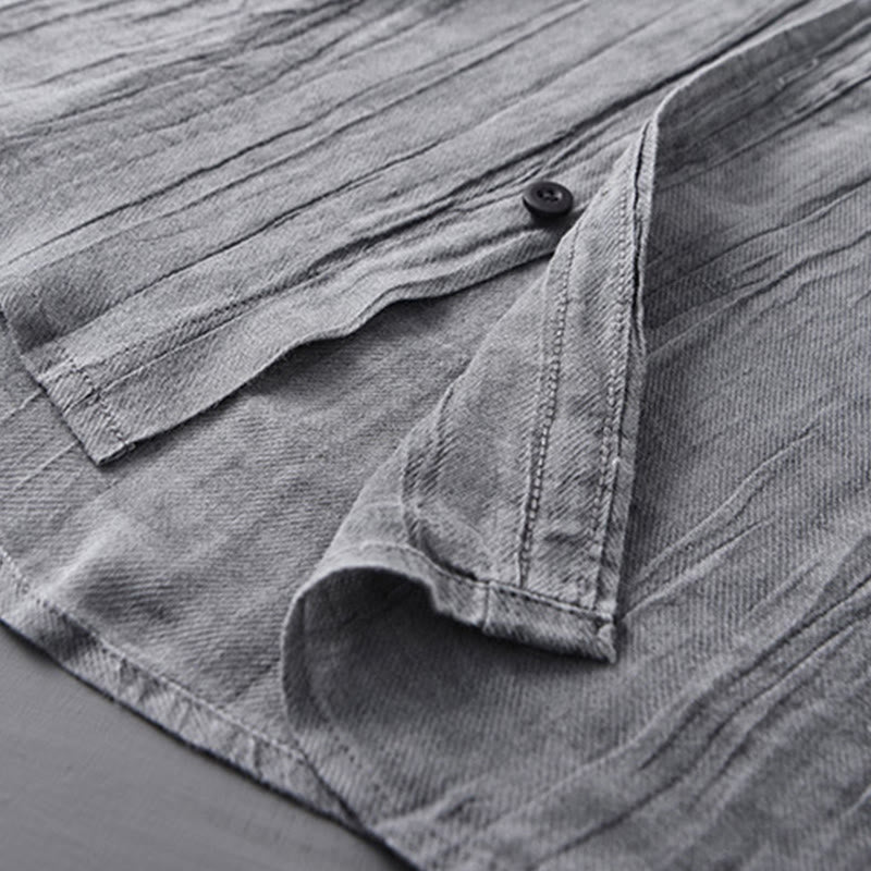 Buddha Stones Solid Long Sleeve Creases Design Buttons Down Ramie Linen Men's Shirts