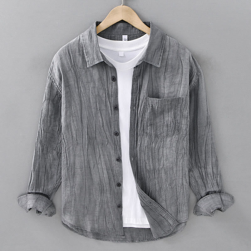 Buddha Stones Solid Long Sleeve Stand Collar Wrinkles Button Down Ramie Linen Men's Shirts
