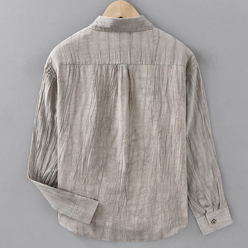 Buddha Stones Solid Long Sleeve Stand Collar Wrinkles Button Down Ramie Linen Men's Shirts