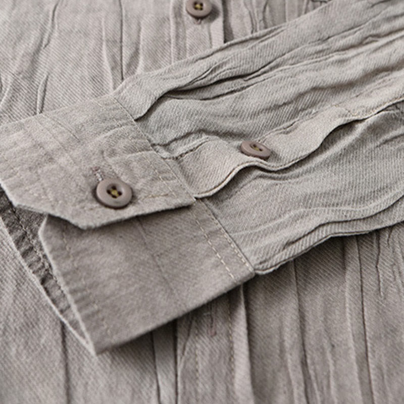 Buddha Stones Solid Long Sleeve Stand Collar Wrinkles Button Down Ramie Linen Men's Shirts