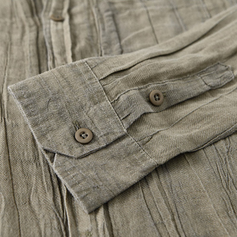 Buddha Stones Solid Long Sleeve Stand Collar Wrinkles Button Down Ramie Linen Men's Shirts