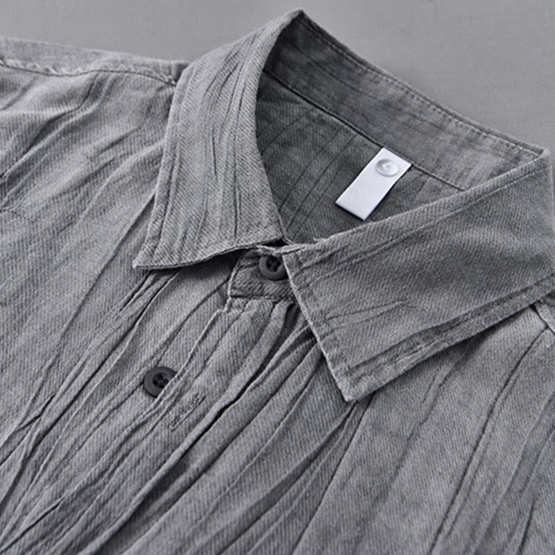 Buddha Stones Solid Long Sleeve Stand Collar Wrinkles Button Down Ramie Linen Men's Shirts
