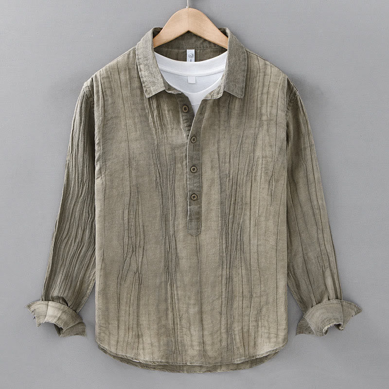 Buddha Stones Solid Long Sleeve Stand Collar Wrinkles Half Button Ramie Linen Men's Shirts