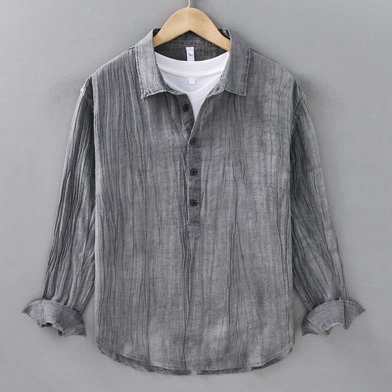Buddha Stones Solid Long Sleeve Stand Collar Wrinkles Half Button Ramie Linen Men's Shirts