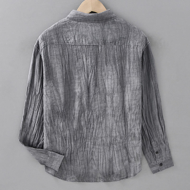 Buddha Stones Solid Long Sleeve Stand Collar Wrinkles Half Button Ramie Linen Men's Shirts