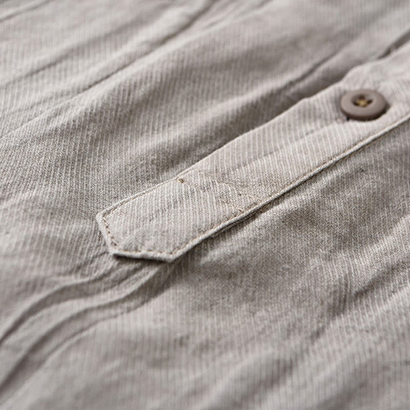 Buddha Stones Solid Long Sleeve Stand Collar Wrinkles Half Button Ramie Linen Men's Shirts