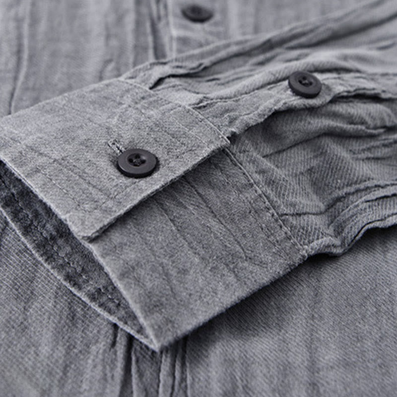 Buddha Stones Solid Long Sleeve Stand Collar Wrinkles Half Button Ramie Linen Men's Shirts