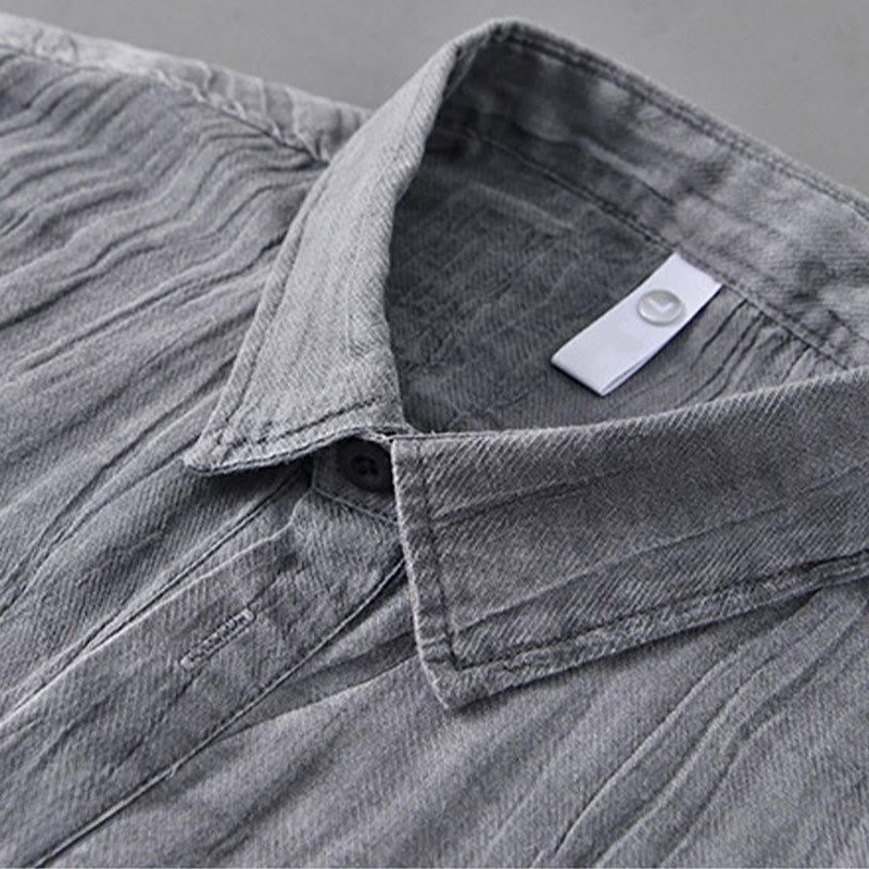 Buddha Stones Solid Long Sleeve Stand Collar Wrinkles Half Button Ramie Linen Men's Shirts