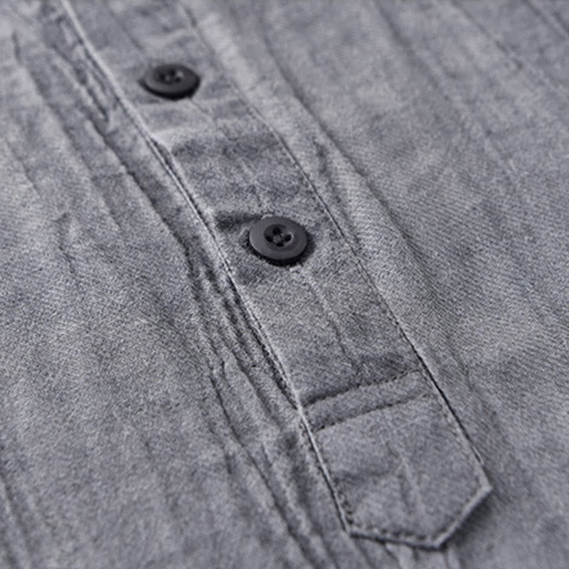 Buddha Stones Solid Long Sleeve Stand Collar Wrinkles Half Button Ramie Linen Men's Shirts