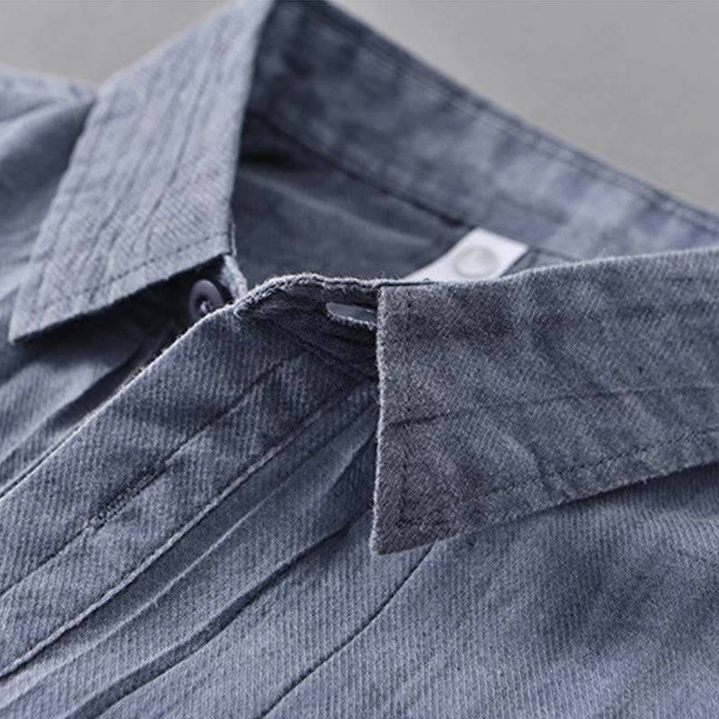Buddha Stones Solid Long Sleeve Stand Collar Wrinkles Half Button Ramie Linen Men's Shirts
