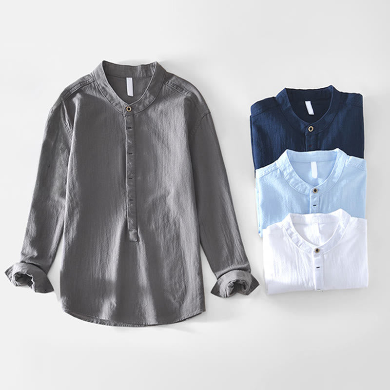 Buddha Stones Spring Fall Solid Long Sleeve Half Button Cotton Men's Shirts