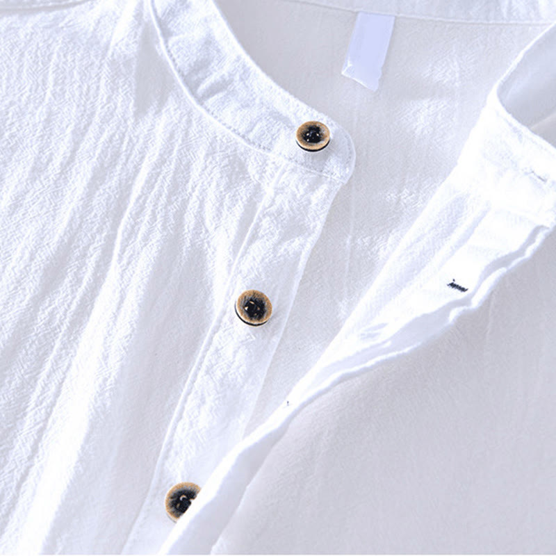 Buddha Stones Spring Fall Solid Long Sleeve Half Button Cotton Men's Shirts