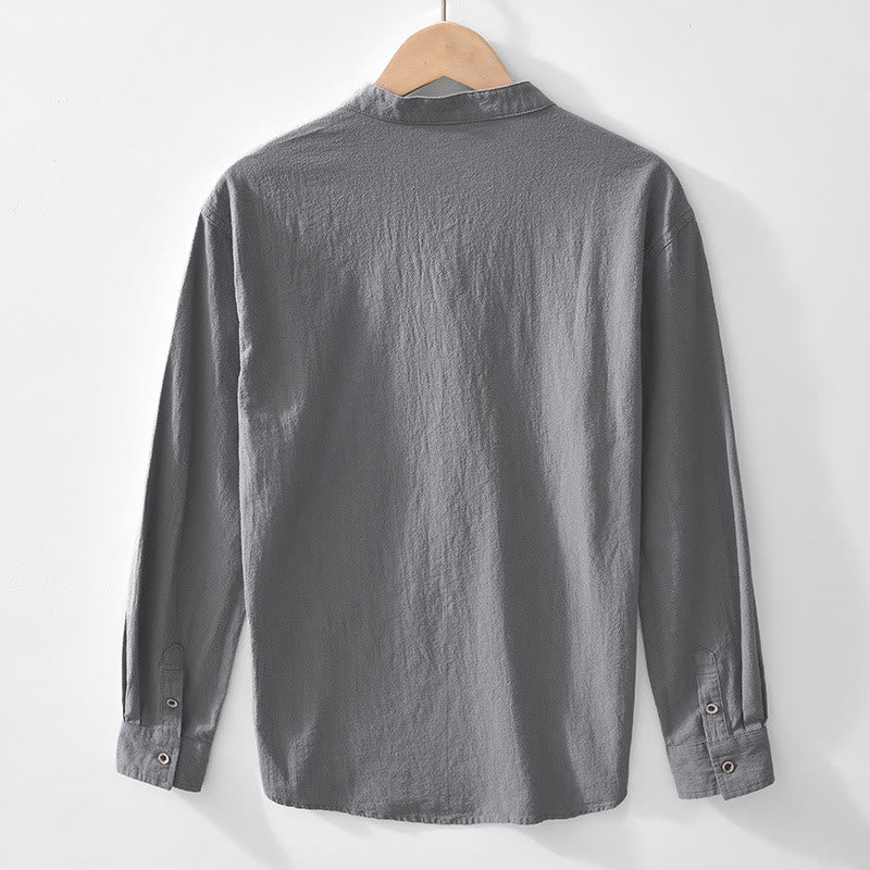 Buddha Stones Spring Fall Solid Long Sleeve Half Button Cotton Men's Shirts