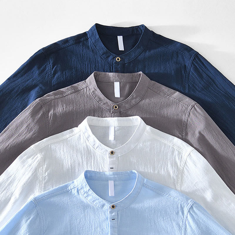 Buddha Stones Spring Fall Solid Long Sleeve Half Button Cotton Men's Shirts