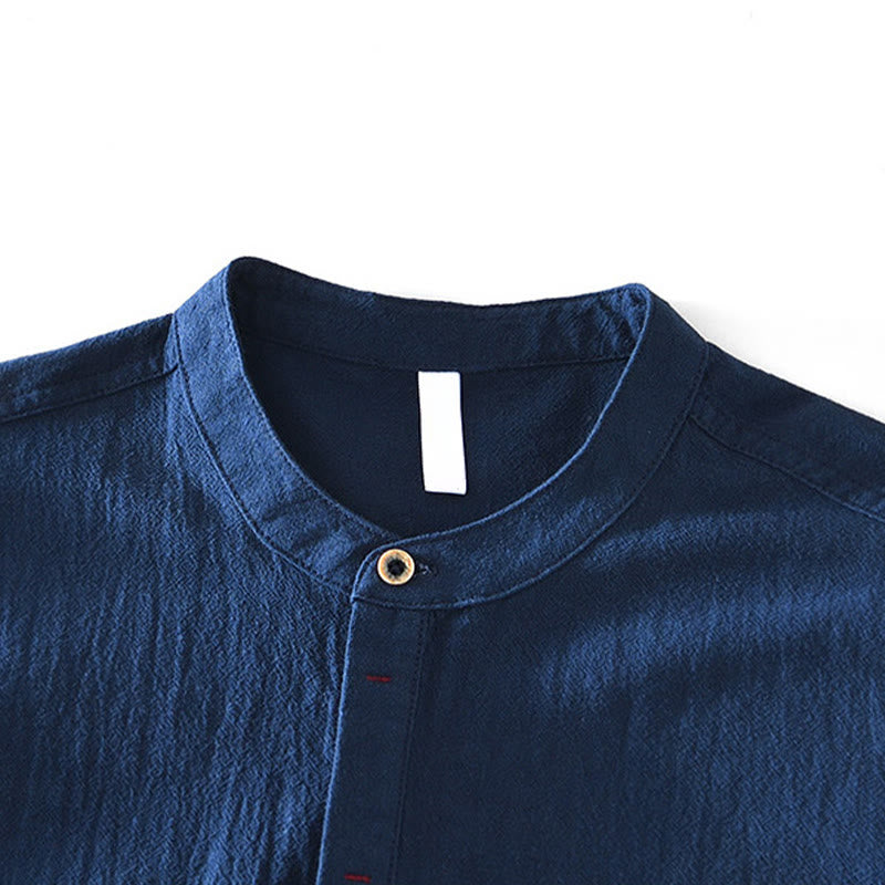 Buddha Stones Spring Fall Solid Long Sleeve Half Button Cotton Men's Shirts
