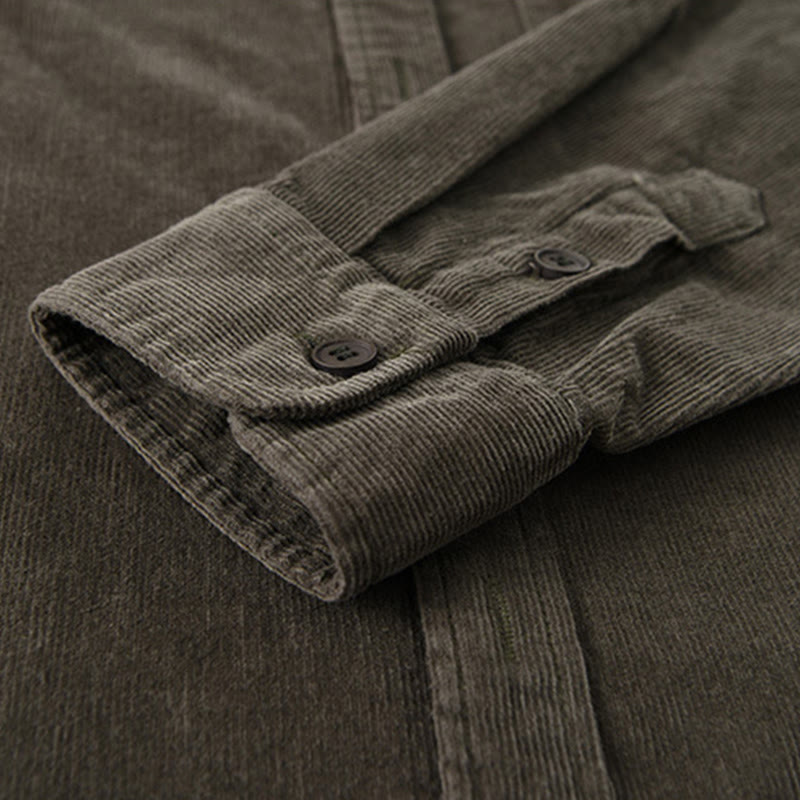 Buddha Stones Plain Button Down Cotton Corduroy Men's Long Sleeve Jacket