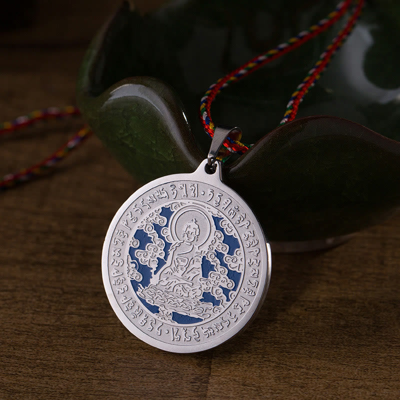 Buddha Stones Blue Medicine Buddha Heart Mantra Titanium Steel Faith Colored Rope Necklace Pendant