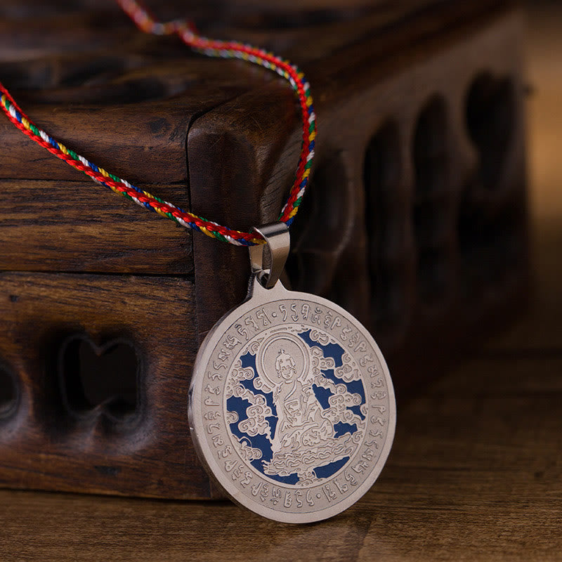 Buddha Stones Blue Medicine Buddha Heart Mantra Titanium Steel Faith Colored Rope Necklace Pendant