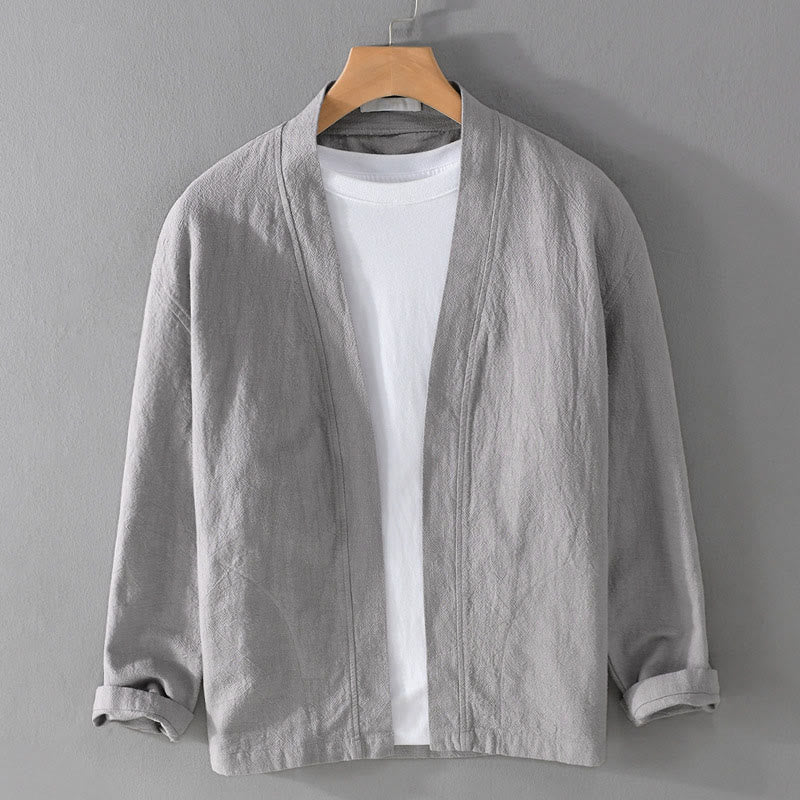 Buddha Stones Simple Long Sleeve Open Front Ramie Cotton Men's Shirts With Pockets