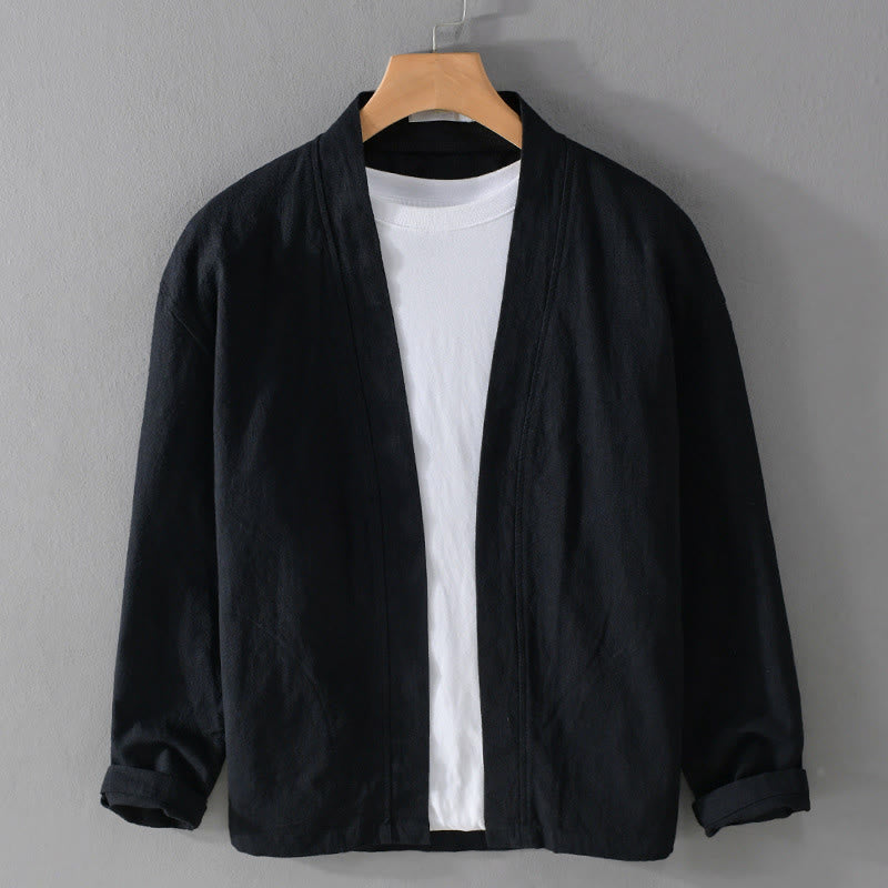 Buddha Stones Simple Long Sleeve Open Front Ramie Cotton Men's Shirts With Pockets