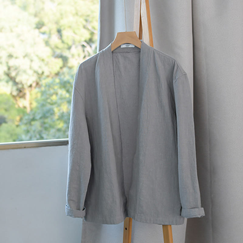 Buddha Stones Simple Long Sleeve Open Front Ramie Cotton Men's Shirts With Pockets