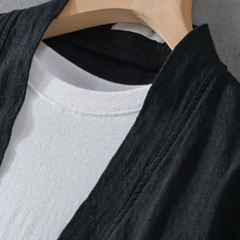 Buddha Stones Simple Long Sleeve Open Front Ramie Cotton Men's Shirts With Pockets